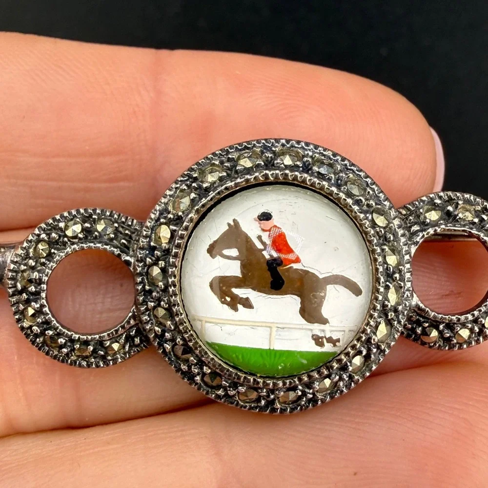 Vintage Sterling Silver Brooch Marcasite Equestrian Hunt Bar